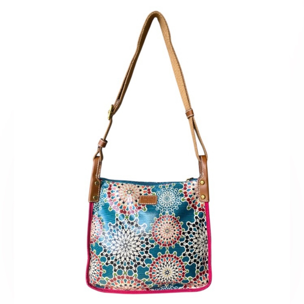 Fossil Whimsical medallion Pattern Crossbody Bag Coated Fabric w/ Canvas Strap